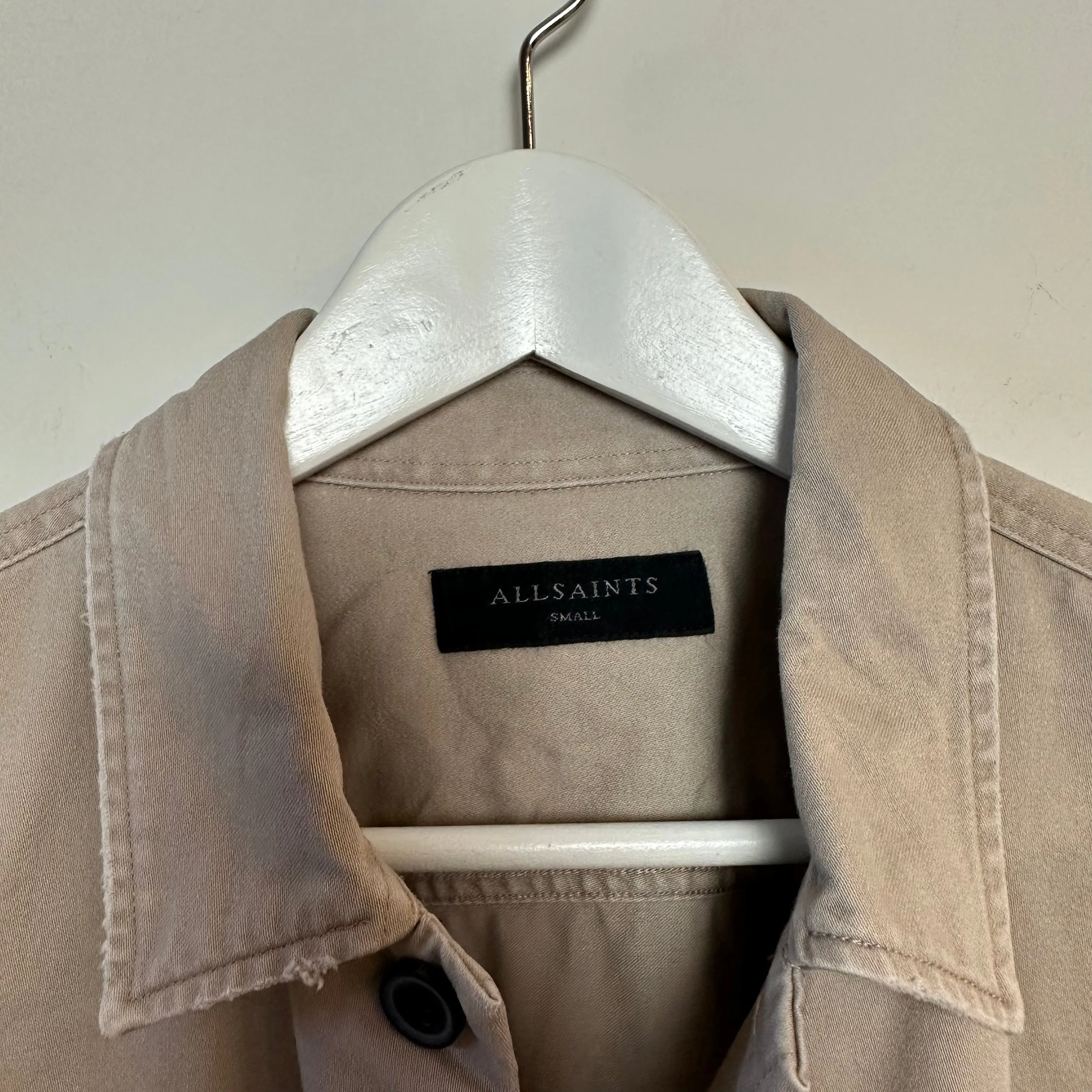 AllSaints Firebase Long Sleeve Shirt Military Overshirt Button Up Collared Sand Khaki Small