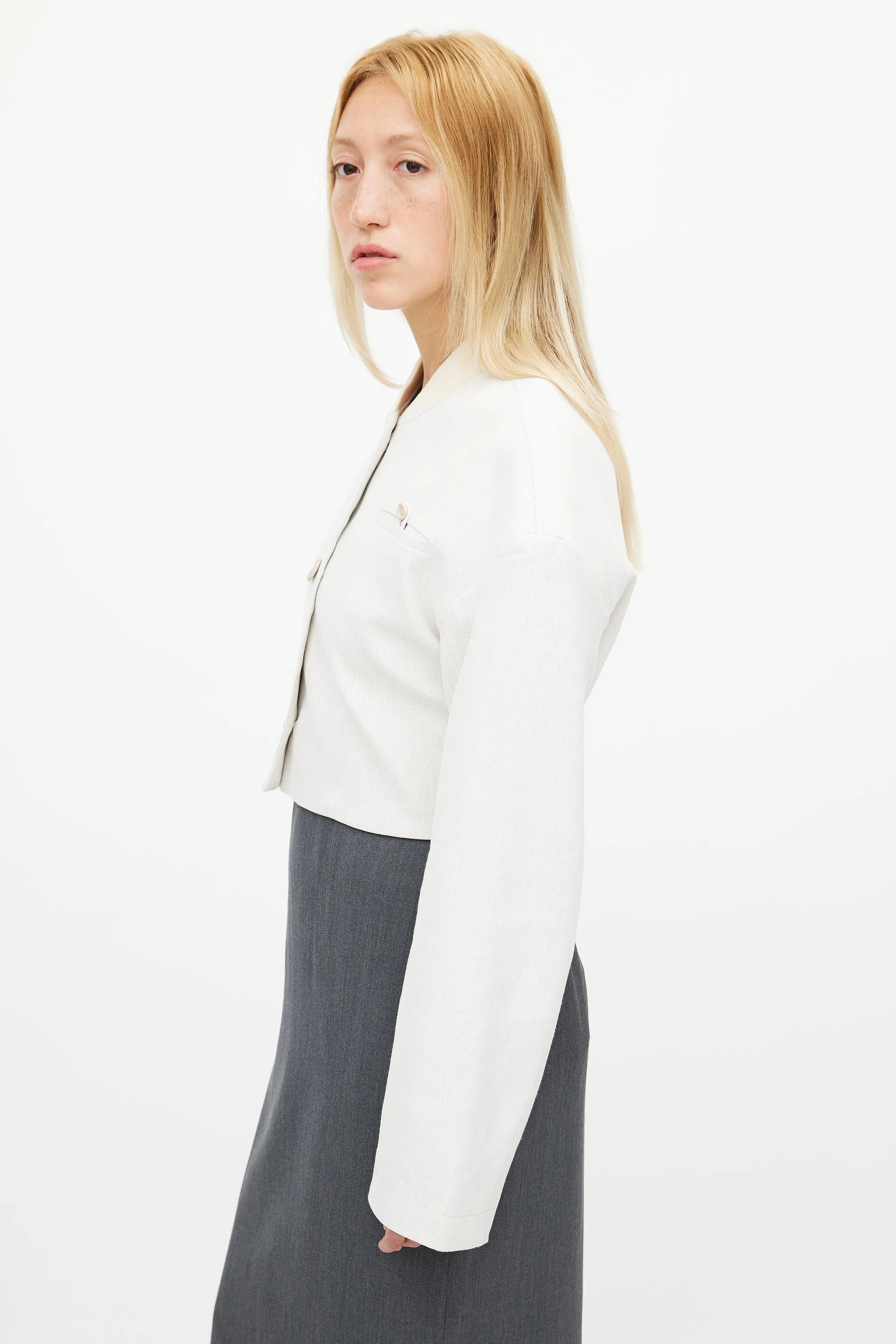 Beige Cropped Bomber Jacket