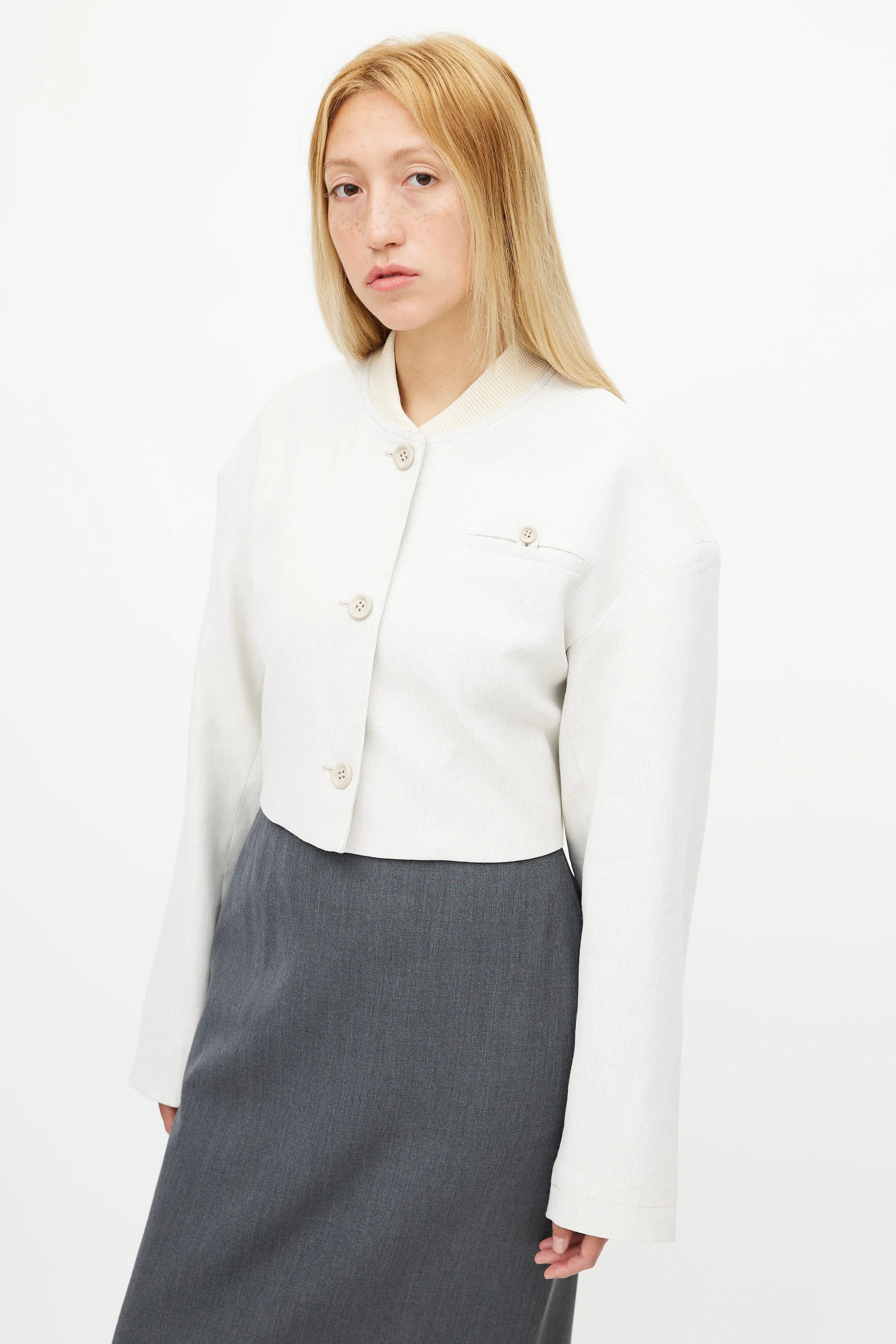 Beige Cropped Bomber Jacket