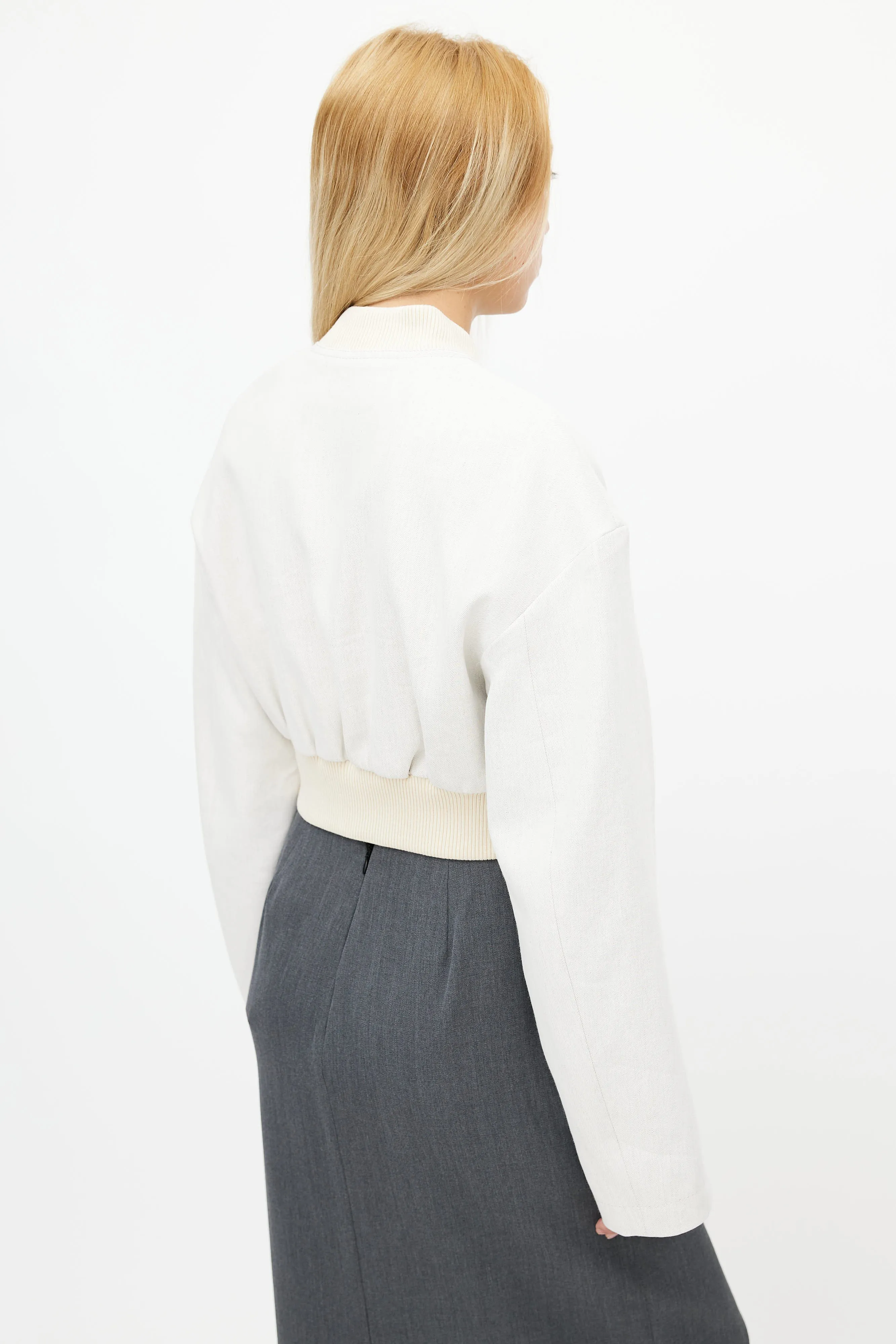 Beige Cropped Bomber Jacket