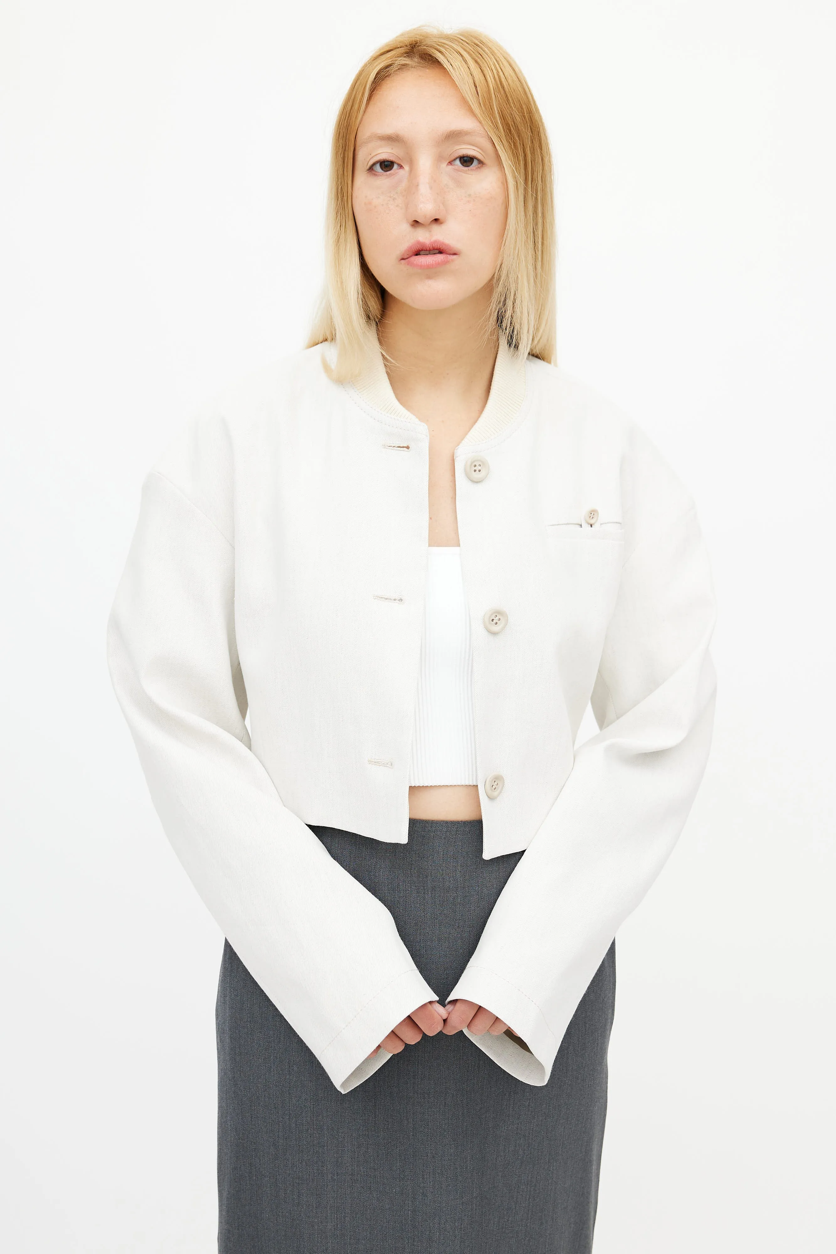 Beige Cropped Bomber Jacket