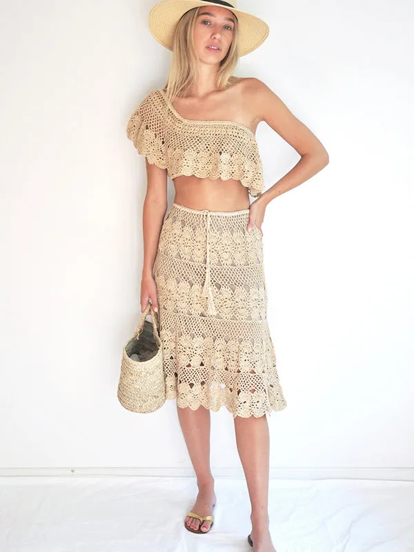 Crochet Filigree Off Shoulder Top - Gold
