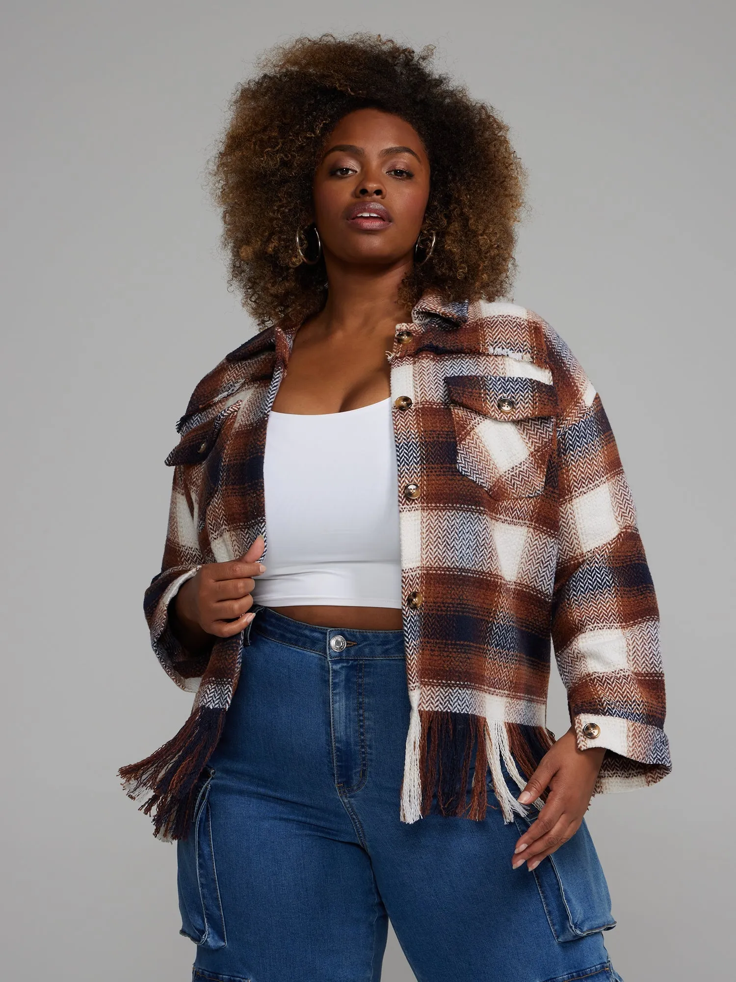 Fashion To Figure - Plaid Fringe Shacket