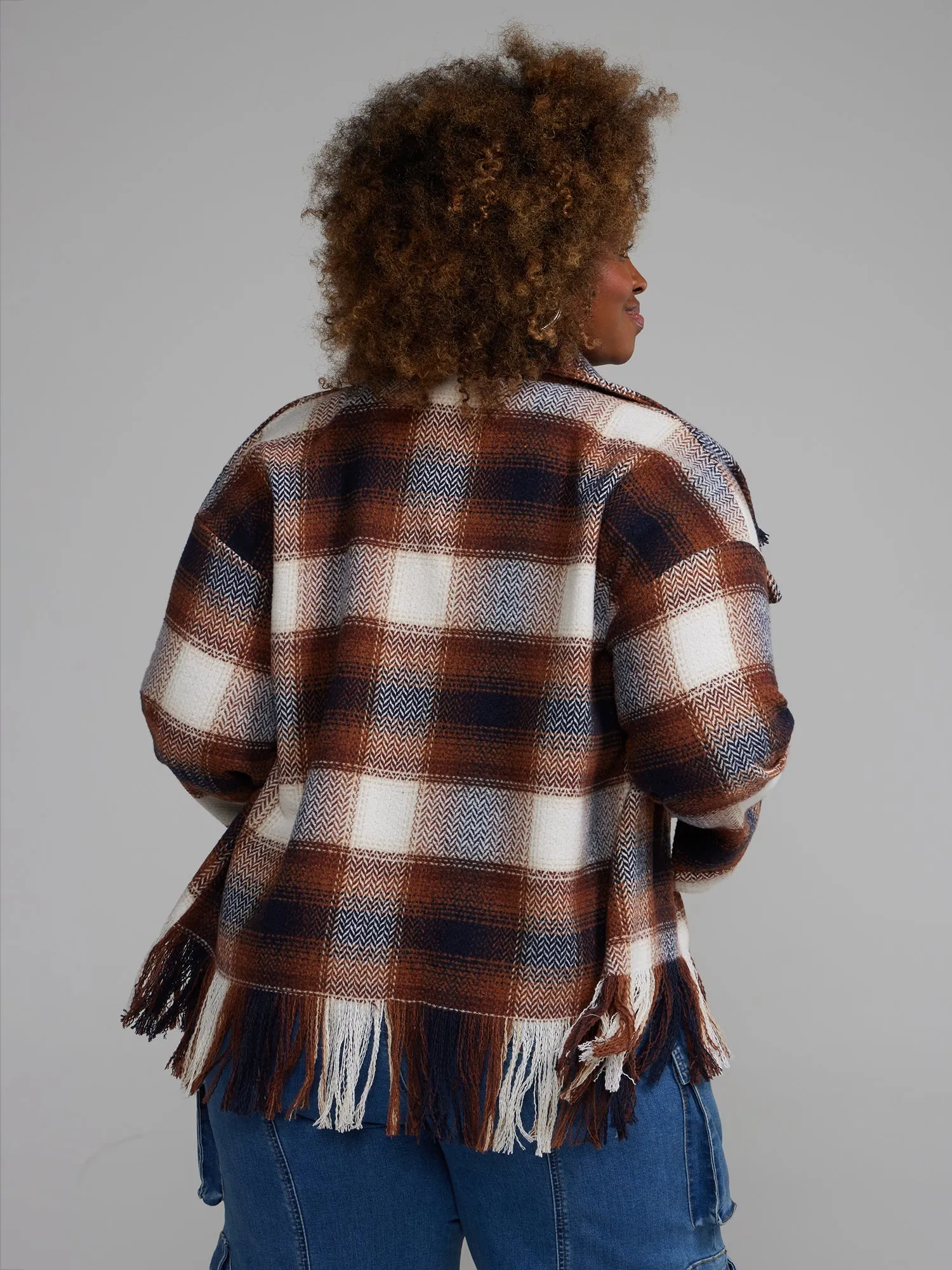 Fashion To Figure - Plaid Fringe Shacket