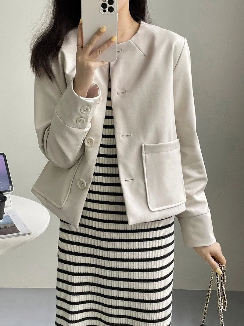 [Korean Style] High Quality Collarless Cropped Faux Leather Jacket