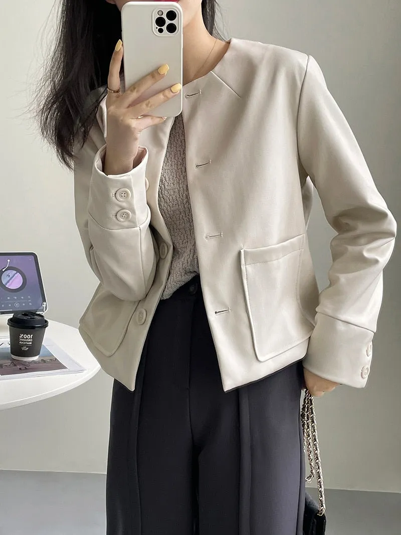 [Korean Style] High Quality Collarless Cropped Faux Leather Jacket