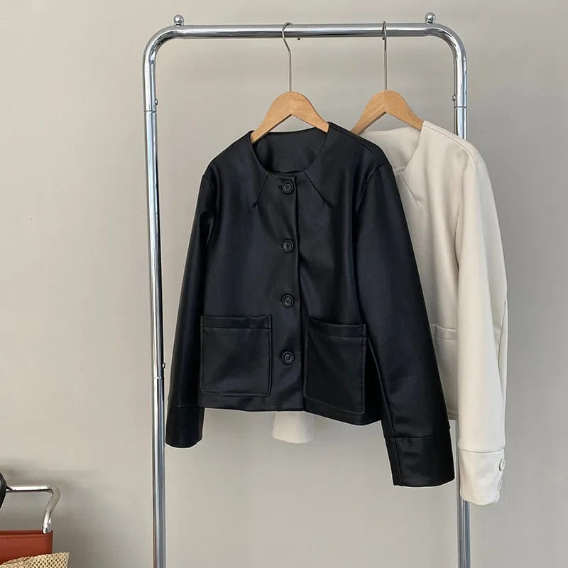 [Korean Style] High Quality Collarless Cropped Faux Leather Jacket