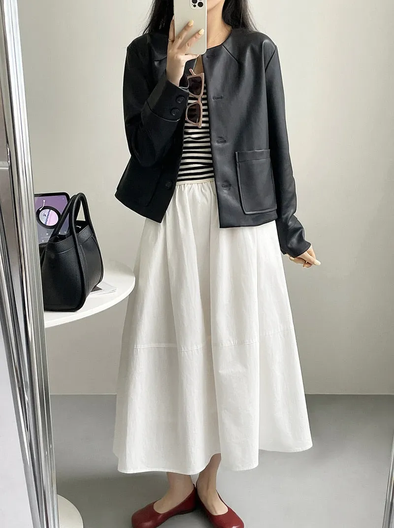 [Korean Style] High Quality Collarless Cropped Faux Leather Jacket