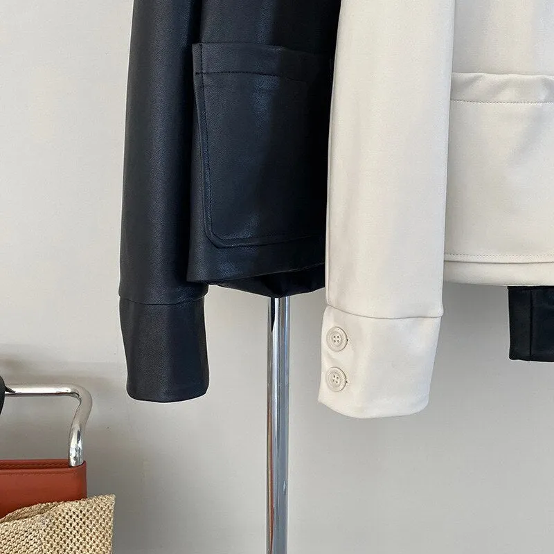 [Korean Style] High Quality Collarless Cropped Faux Leather Jacket