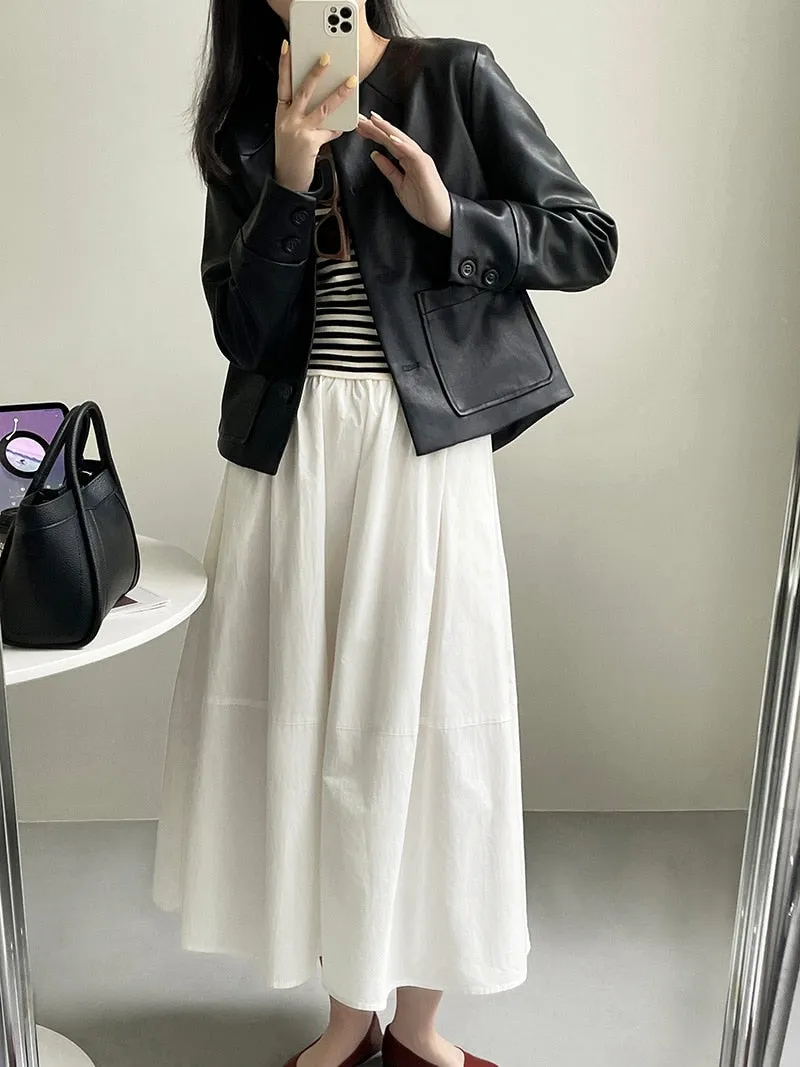 [Korean Style] High Quality Collarless Cropped Faux Leather Jacket