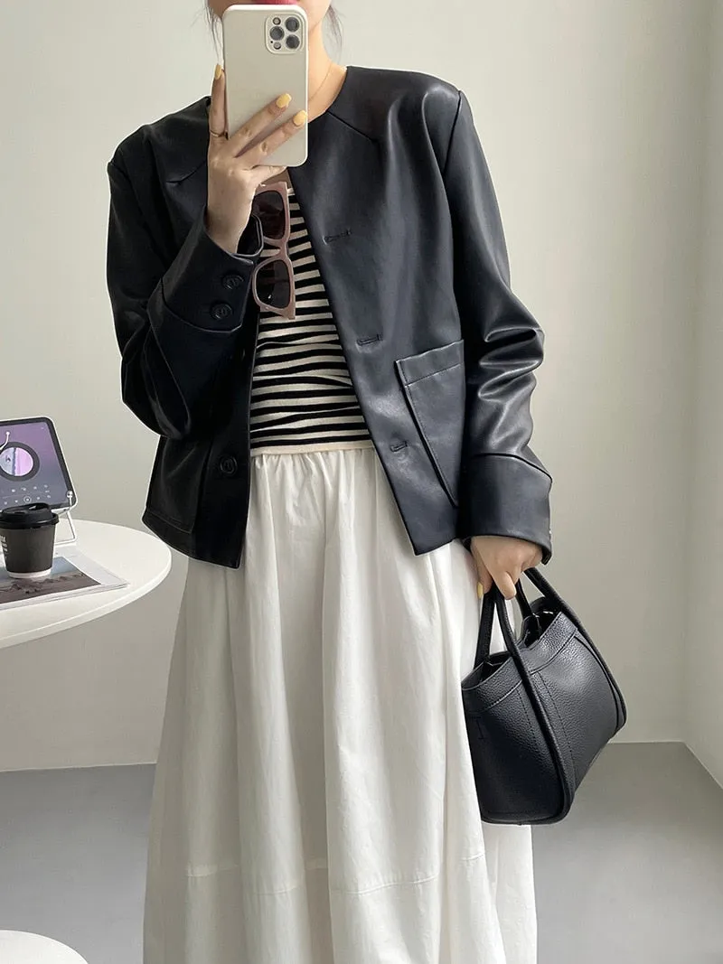 [Korean Style] High Quality Collarless Cropped Faux Leather Jacket