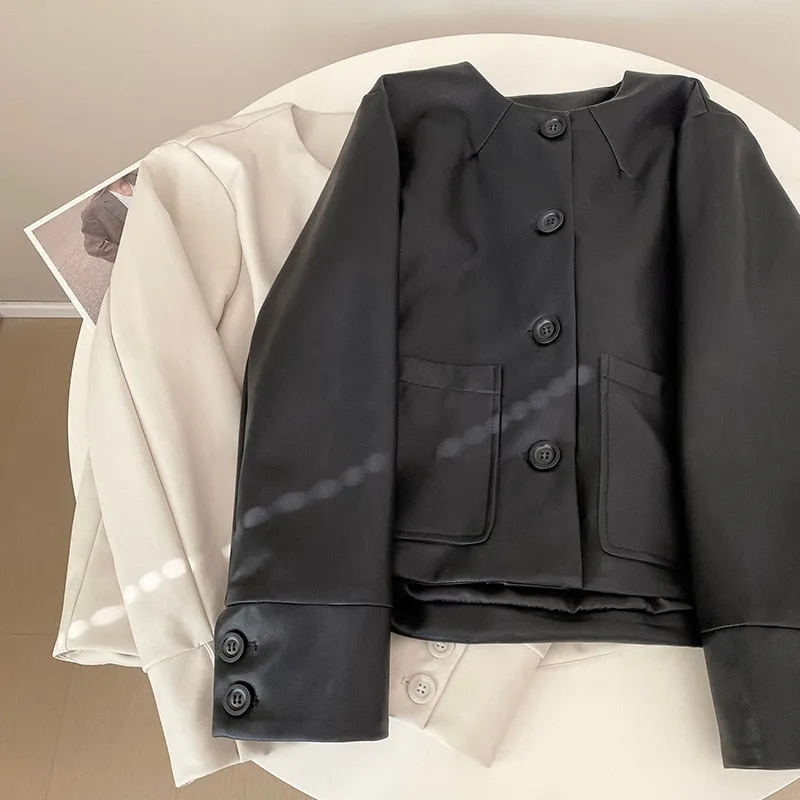 [Korean Style] High Quality Collarless Cropped Faux Leather Jacket