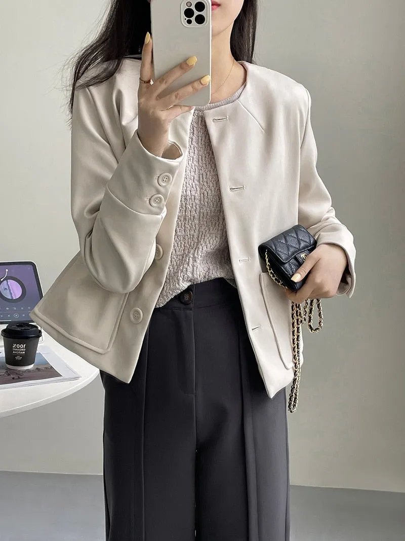 [Korean Style] High Quality Collarless Cropped Faux Leather Jacket
