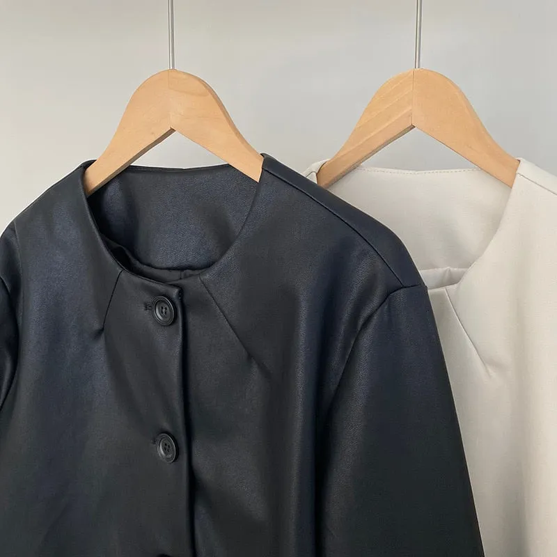 [Korean Style] High Quality Collarless Cropped Faux Leather Jacket