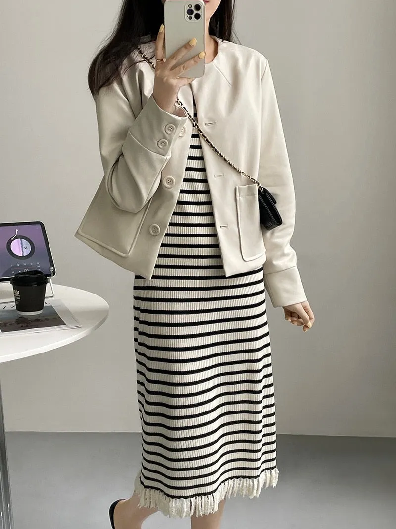 [Korean Style] High Quality Collarless Cropped Faux Leather Jacket