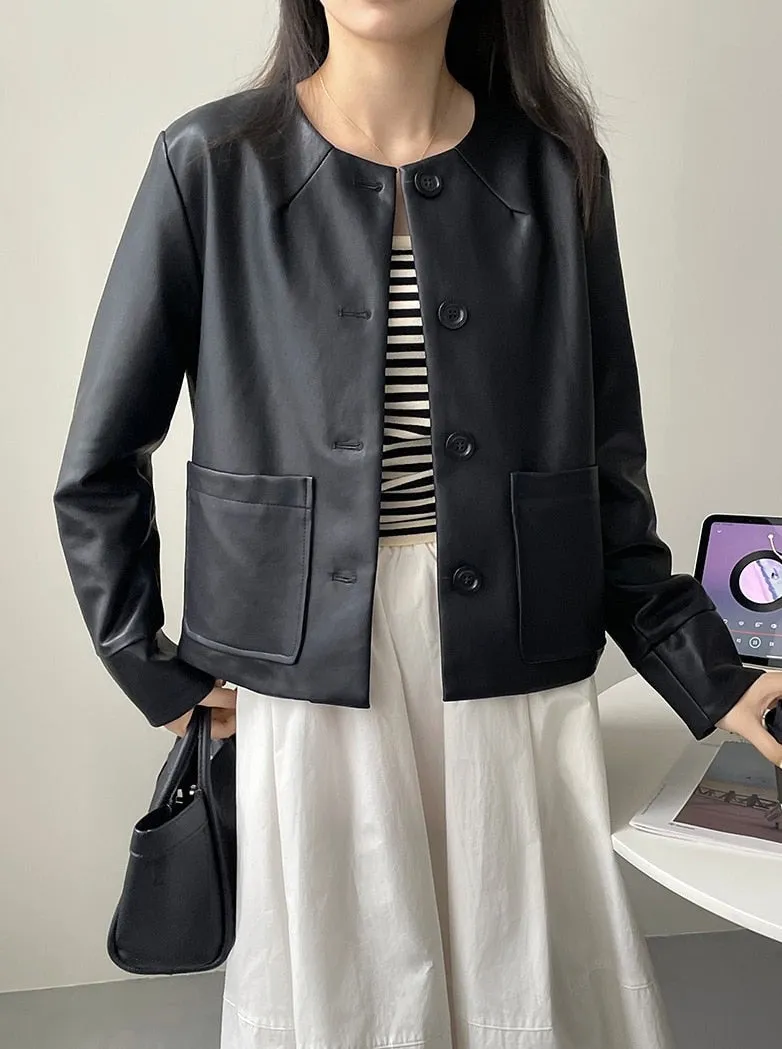 [Korean Style] High Quality Collarless Cropped Faux Leather Jacket