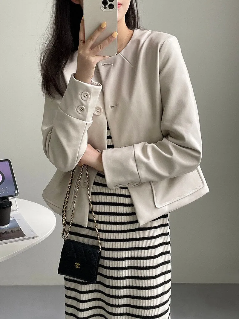 [Korean Style] High Quality Collarless Cropped Faux Leather Jacket