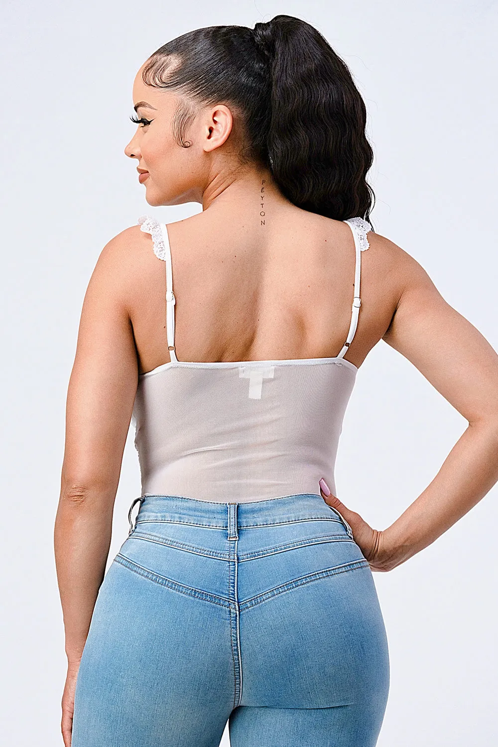 LUX SWEETHEART RUCHED MESH LACE STRAP BODYSUIT