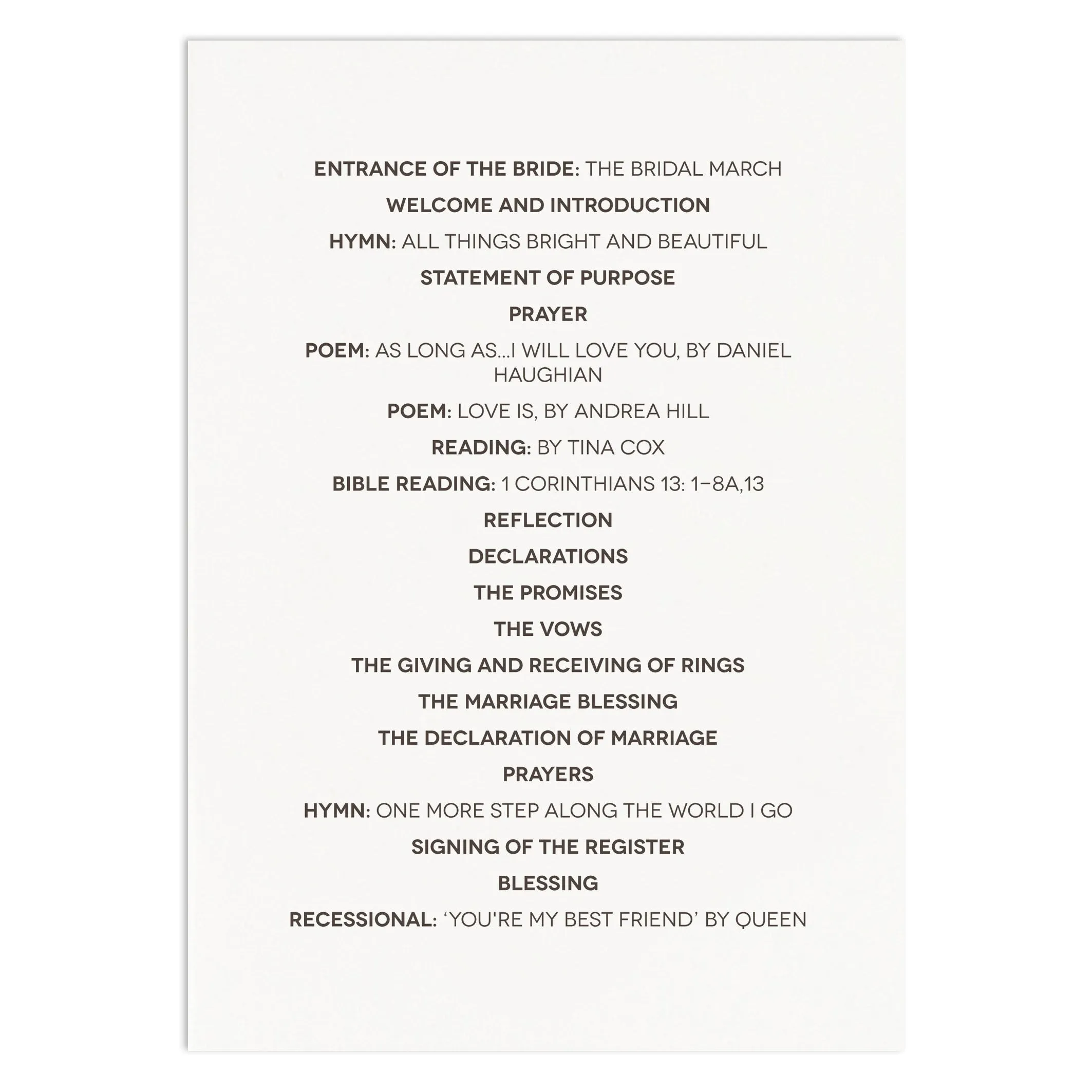 Modern Calligraphy Order Of Service