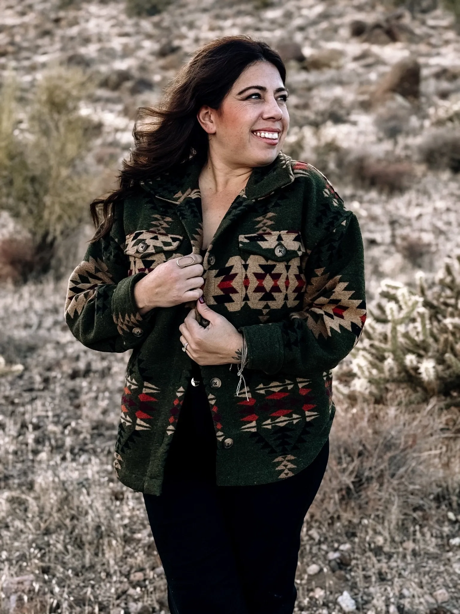 Painted Desert Western Boho Button Down Shacket, Olive