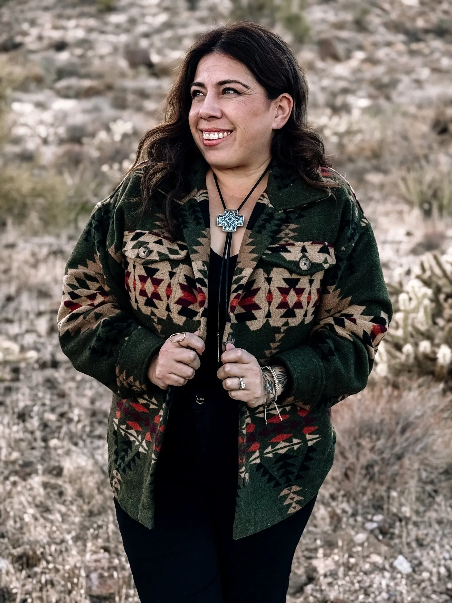 Painted Desert Western Boho Button Down Shacket, Olive
