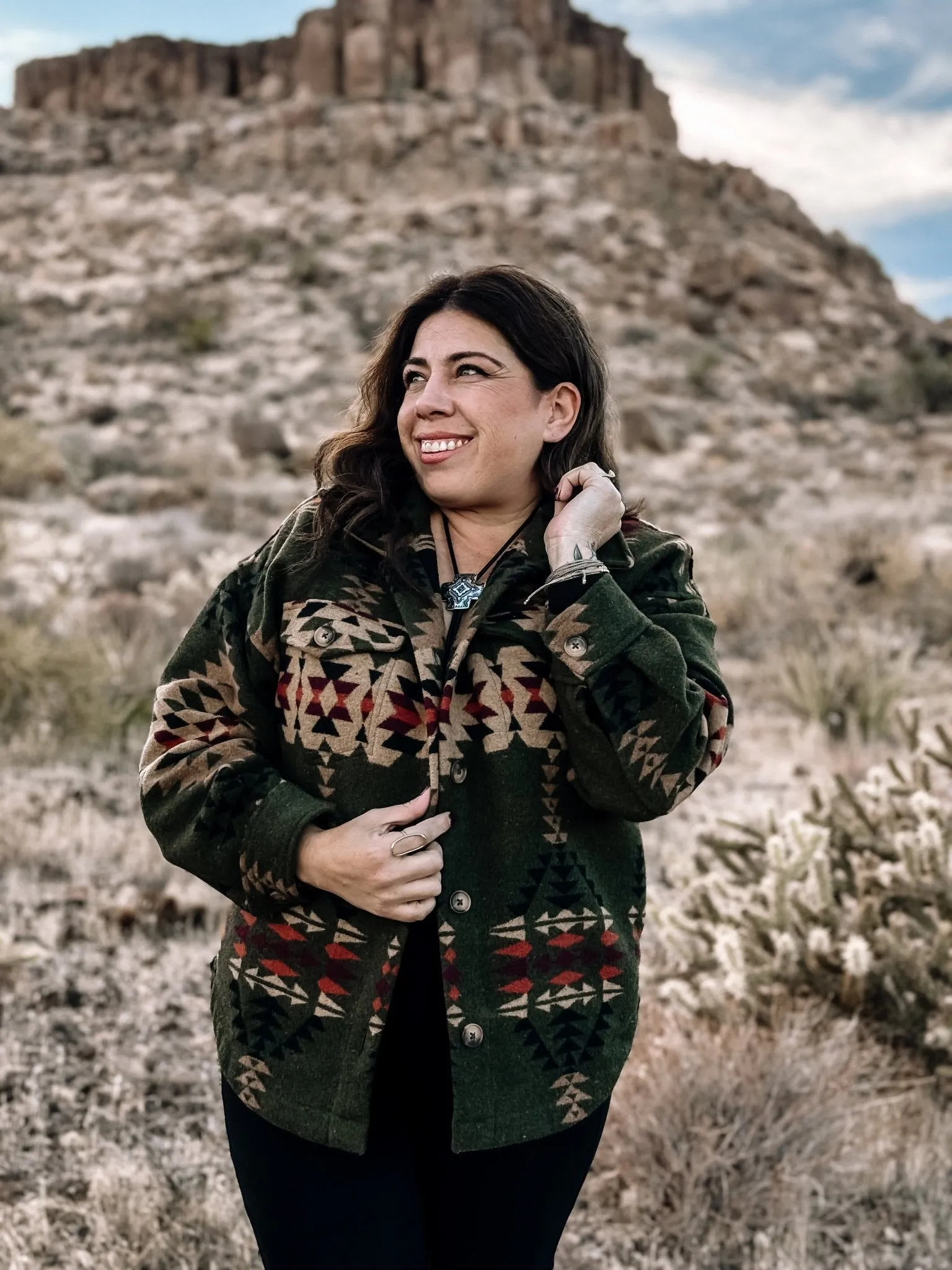 Painted Desert Western Boho Button Down Shacket, Olive