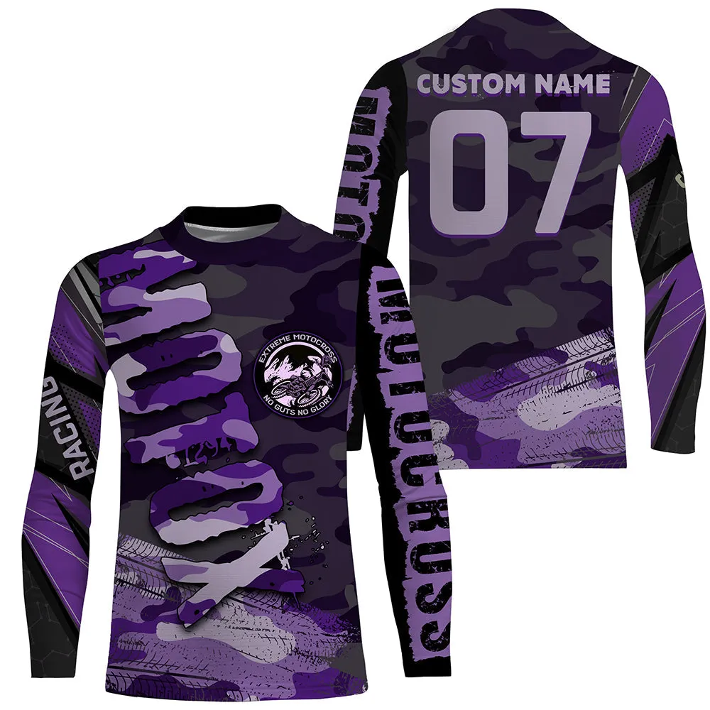 Purple Camo Custom Motocross Jersey No Guts No Glory Dirt Bike Long Sleeve Shirt MX Racing Women Girls