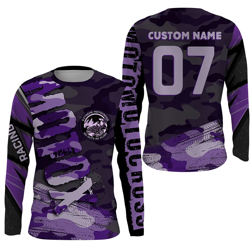 Purple Camo Custom Motocross Jersey No Guts No Glory Dirt Bike Long Sleeve Shirt MX Racing Women Girls