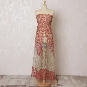 Striking Red and Gold Embroidered Nylon Tulle Fabric, 140 cm Wide â€“ Traditional Indian Motifs-D19227