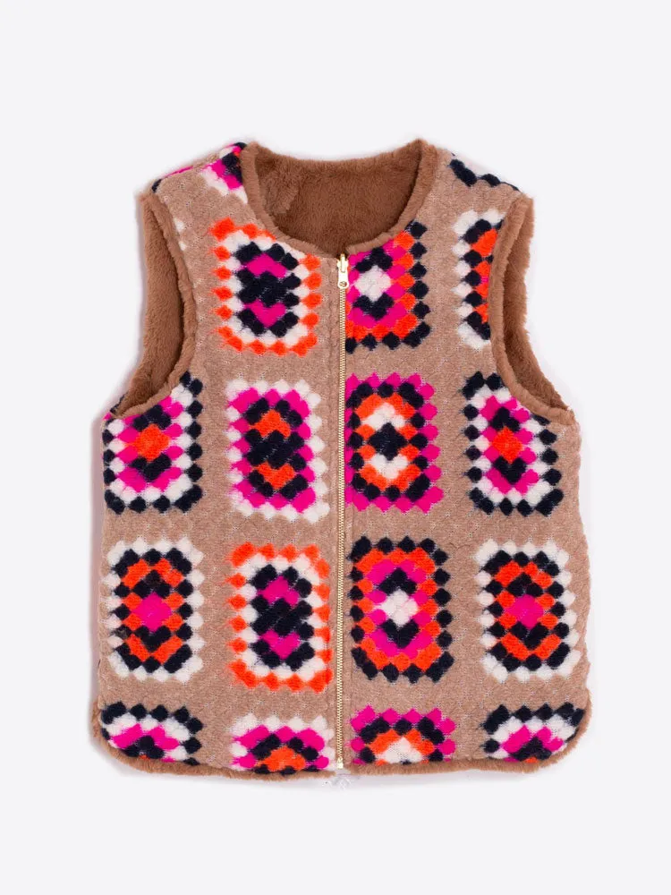 Vilagallo Naomi Reversible Crochet Gilet Beige