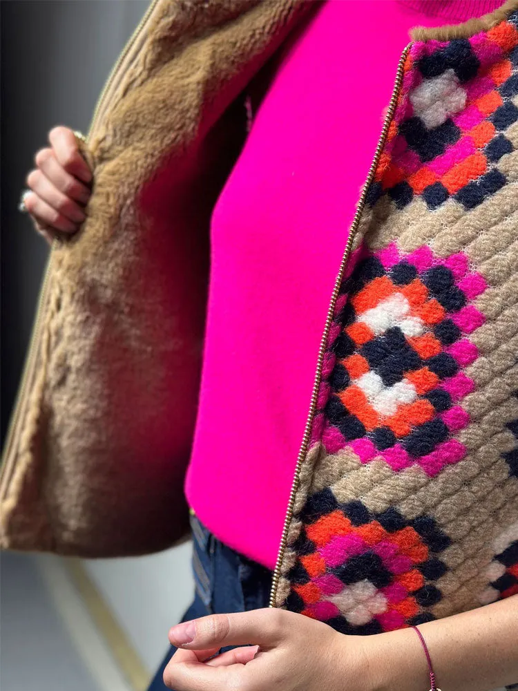 Vilagallo Naomi Reversible Crochet Gilet Beige