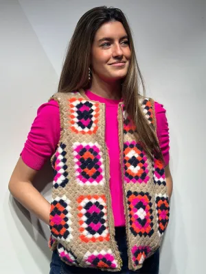 Vilagallo Naomi Reversible Crochet Gilet Beige