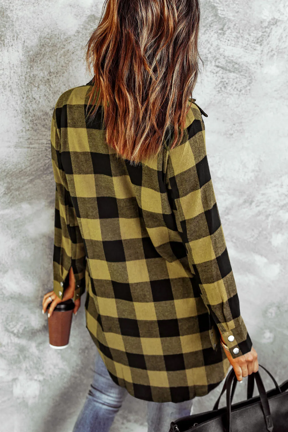 Yellow Turn-down Collar Plaid Shirt Coat
