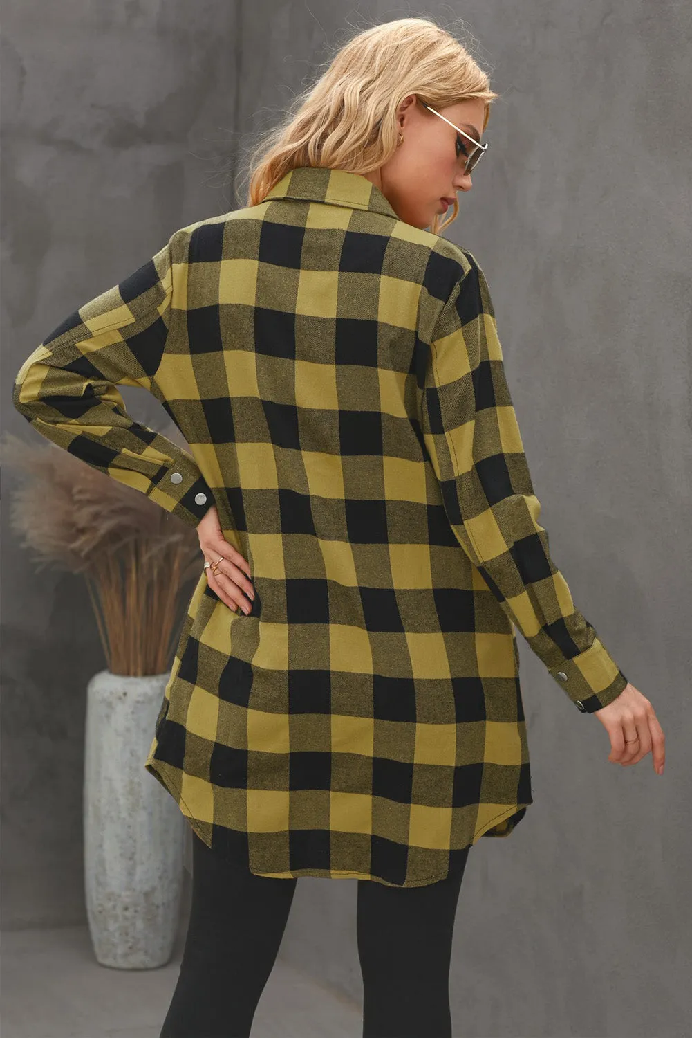 Yellow Turn-down Collar Plaid Shirt Coat