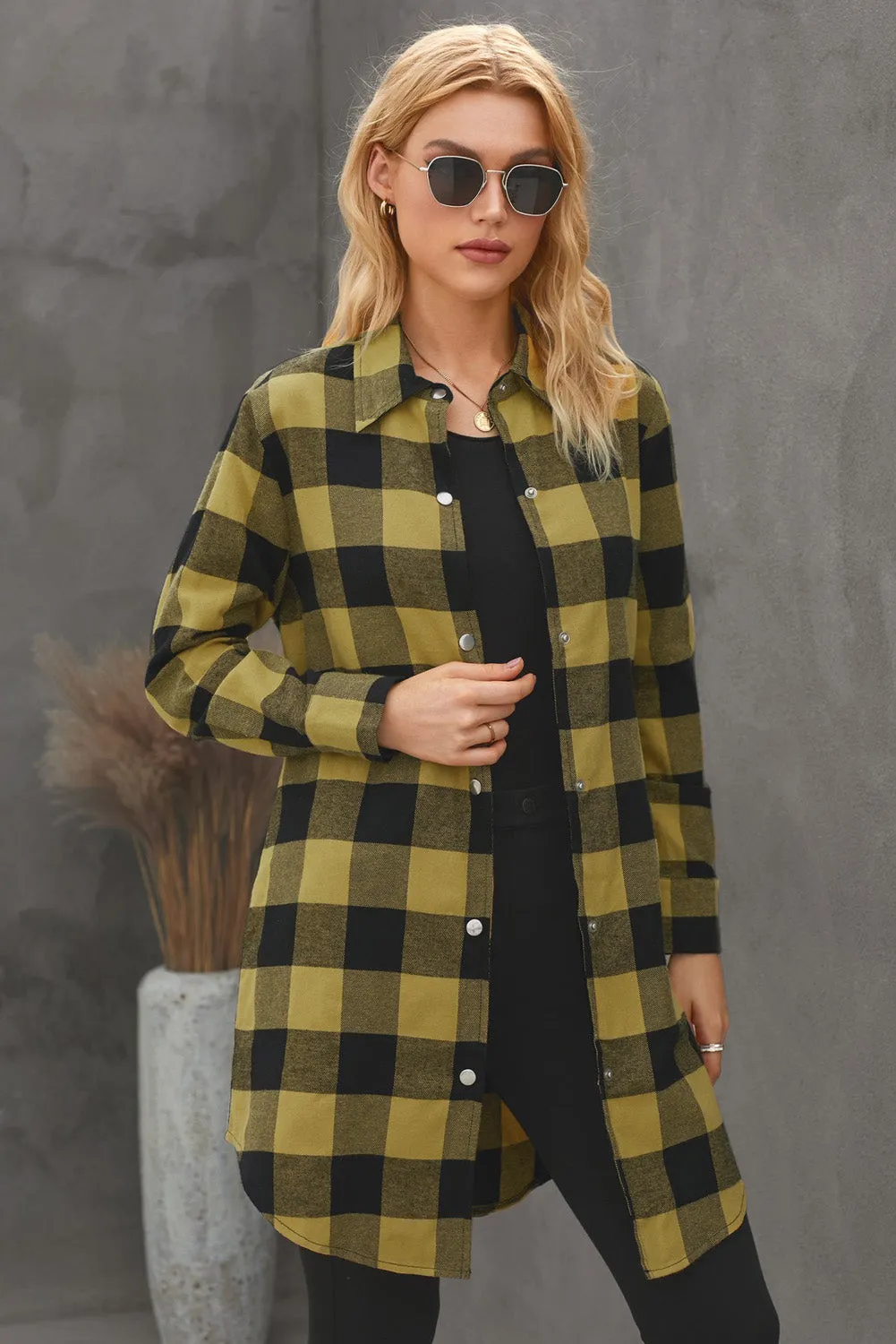 Yellow Turn-down Collar Plaid Shirt Coat